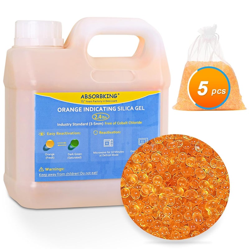 Absorbking Desiccant Beads – 2.4 LBS Silica Beads with Orange Indicating Silica Gel, Premium Silica Gel Beads 3-5mm Industry Standard, Rechargeable Desiccant Used for 3D Filament - Image 1